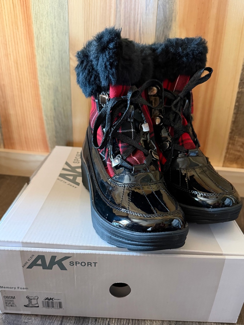 Women’s Black and Red Plaid Faux Fur Winter Boots